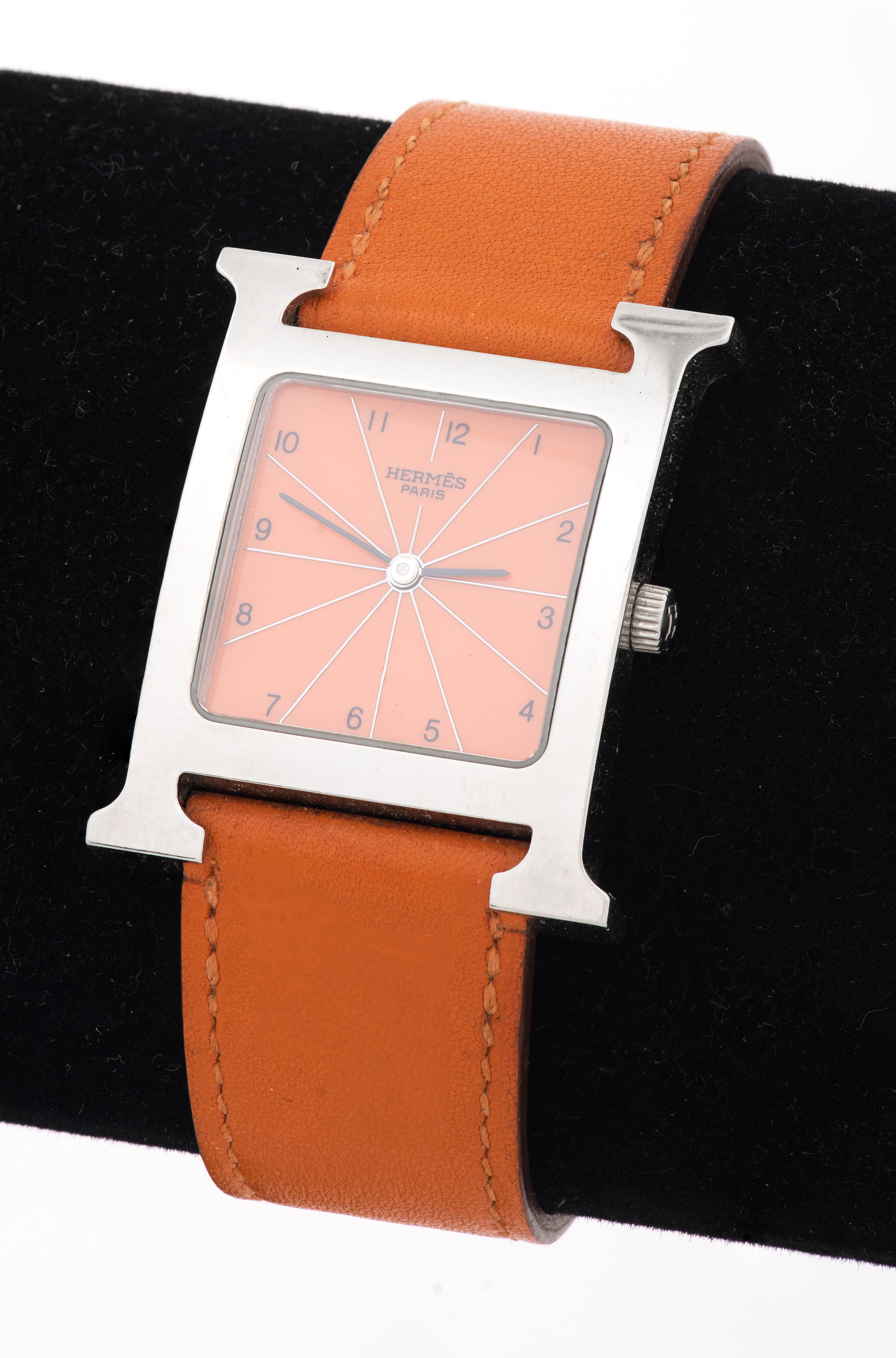 Appraisal: HERMES PARIS H STAINLESS STEEL LEATHER WATCH Hermes Paris H