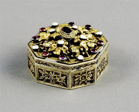 Appraisal: Continental gemset vermeil trinket box th centuryoctagonal hinged cover adorned