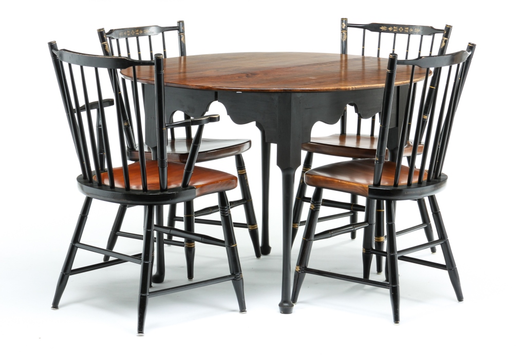 Appraisal: FOUR HITCHCOCK CHAIRS AND QUEEN ANNE STYLE TABLE Maple chairs