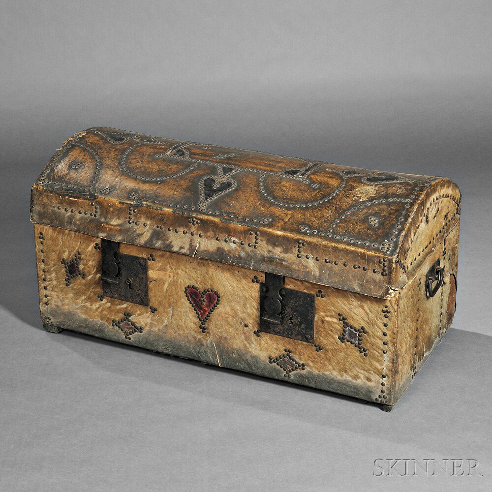 Appraisal: Large Hide-covered and Tack-decorated Dome-top Storage Trunk America late th