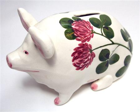 Appraisal: WEMYSS SMALL PIG MONEYBOX POST decorated with red clover printed