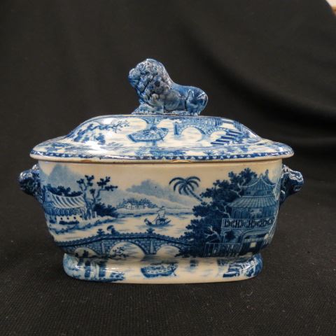 Appraisal: W R Blue White Ironstone Sauce Tureen elaborate oriental landscapes