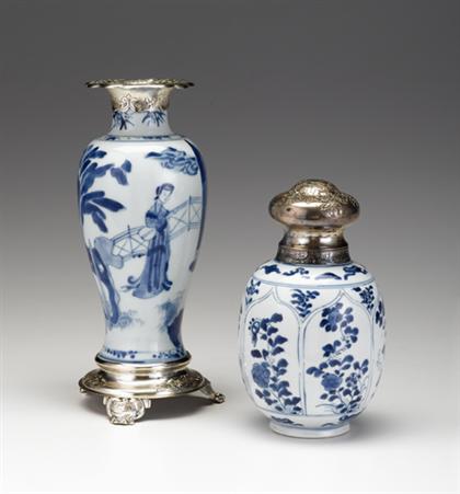 Appraisal: Chinese silver mounted blue and white vase and caddy kangxi