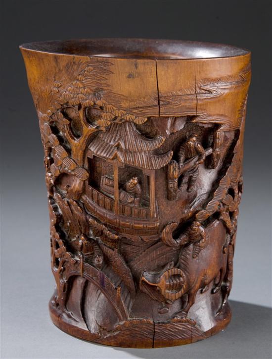 Appraisal: Chinese wood carved brush pot th century Of cylindrical form