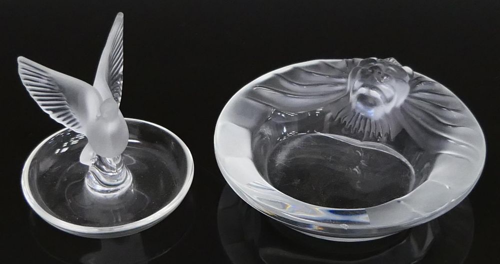 Appraisal: LALIQUE TRAYS DOVE RING TETE DE LION ASHTRAY Ring tray