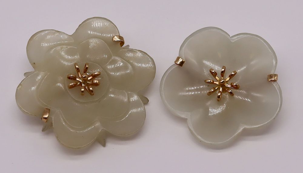 Appraisal: JEWELRY Carved Celadon Jade Floral Brooches Includes Ming's kt yellow