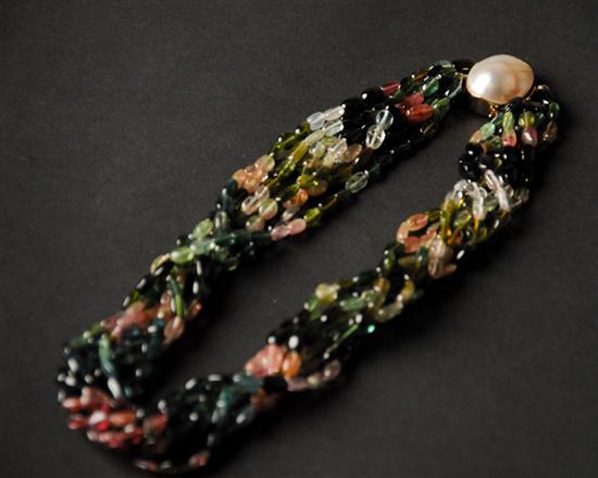 Appraisal: A Gold Pearl and Tourmaline Necklace long having seven strands