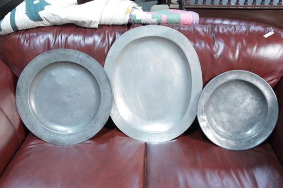 Appraisal: THREE PEWTER DISHES One single reeded rim deep dish with