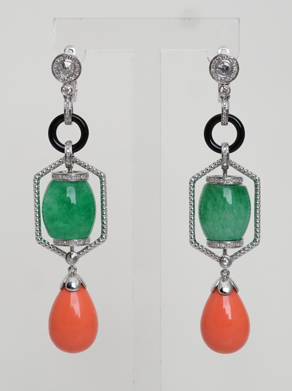 Appraisal: PAIR OF -KARAT WHITE-GOLD DIAMOND BLACK ONYX JADE AND CORAL