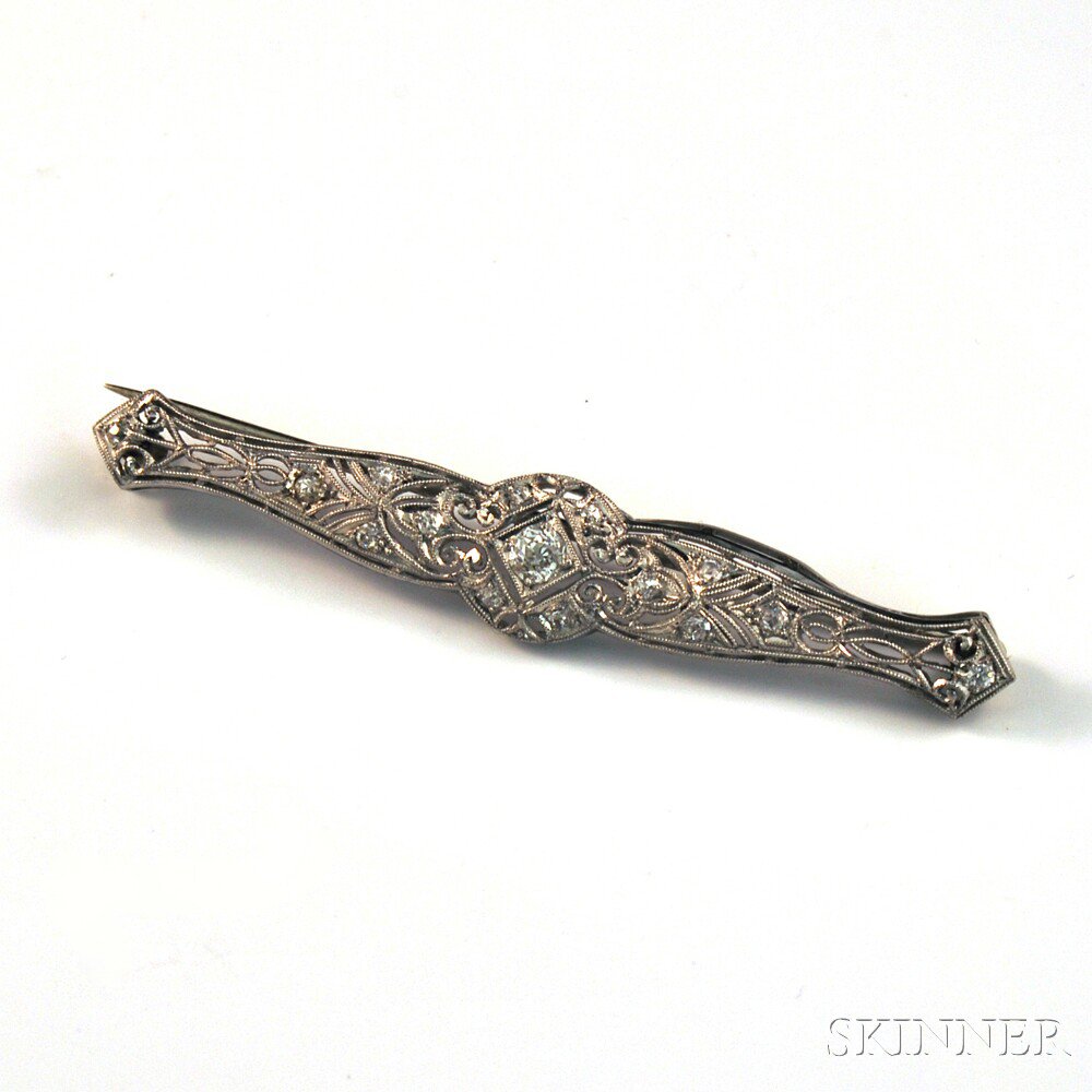 Appraisal: Platinum and Diamond Art Deco-style Bar Pin the filigree mount