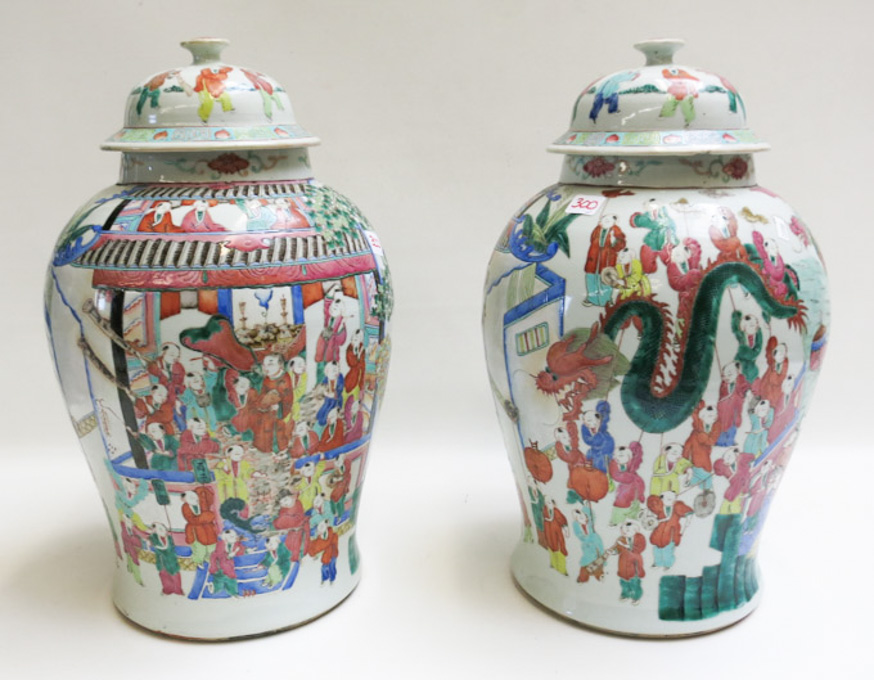 Appraisal: PAIR OF CHINESE PORCELAIN LIDDED JARS hand painted in polychrome