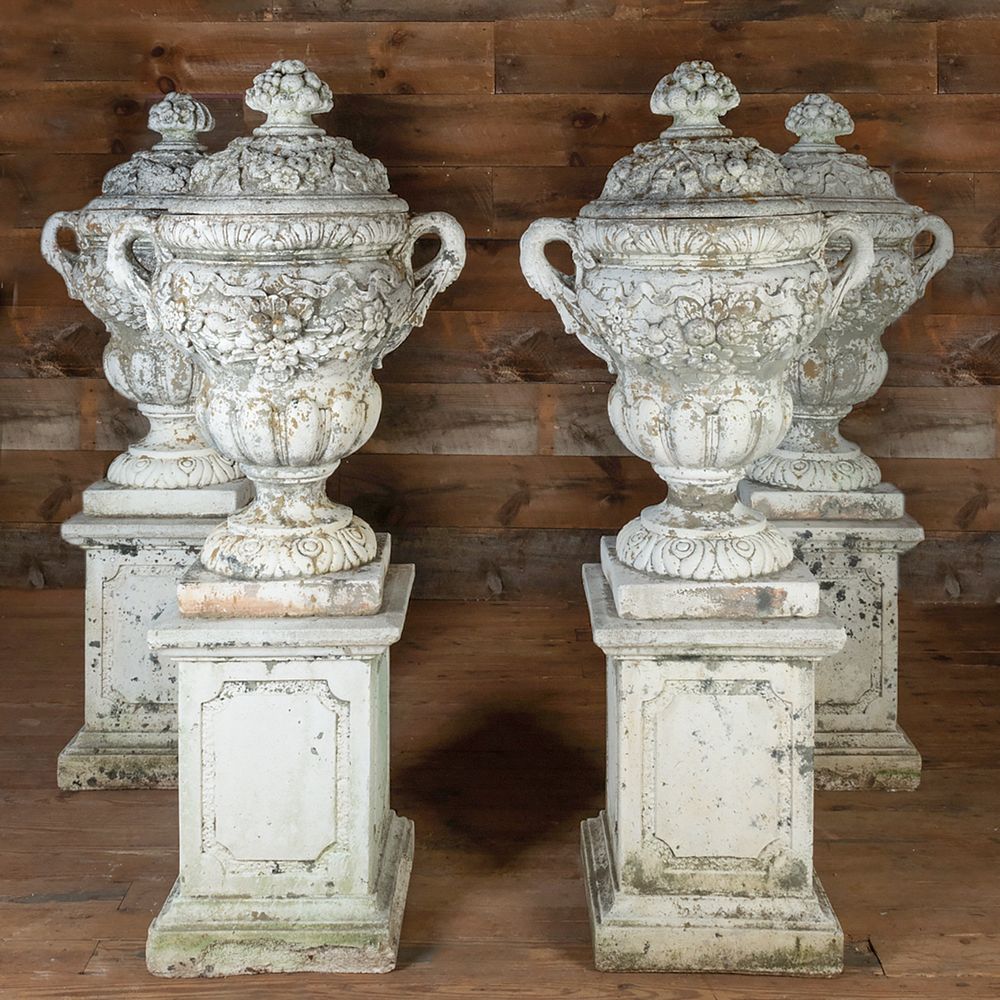 Appraisal: Four White Painted Terracotta Covered Urns on Pedestals ft in