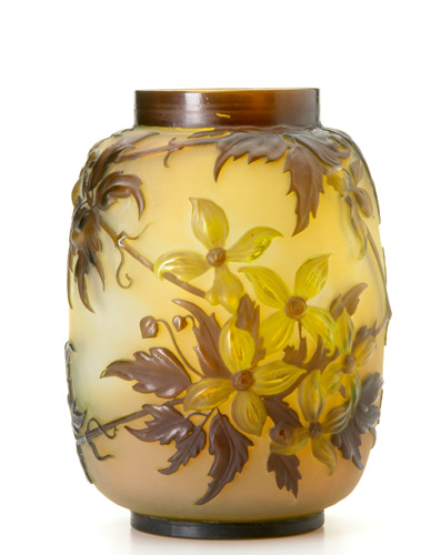 Appraisal: EMILE GALLE Blown-out cameo vase decorated with clematis in shades