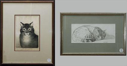 Appraisal: Sleeping Cat Drawing together with a Print The Favorite Cat