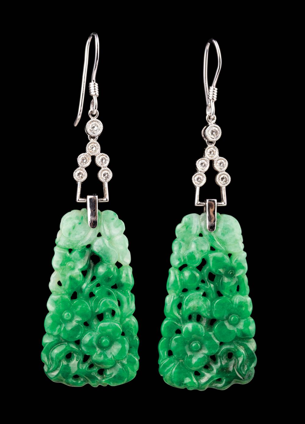 Appraisal: Pair of White Gold Carved Jade and Diamond Earrings contemporary