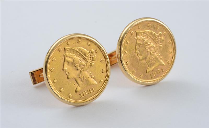 Appraisal: PAIR OF U S GOLD LIBERTY HEAD COINS Mounted in