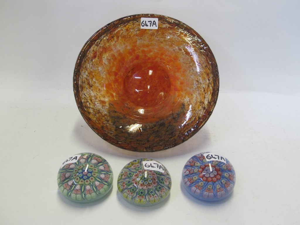 Appraisal: Monart glass dish and three millefiori paperweights