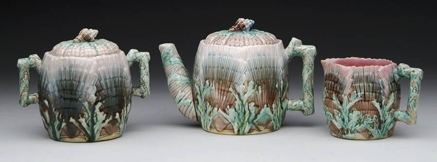 Appraisal: THREE-PIECE MAJOLICA TEA SET IN THE SHELL AND SEAWEED PATTERN