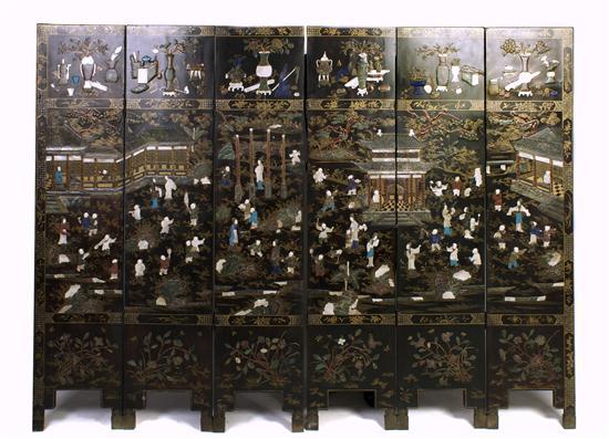 Appraisal: A Chinese Six Panel Lacquered Floor Screen inset with various