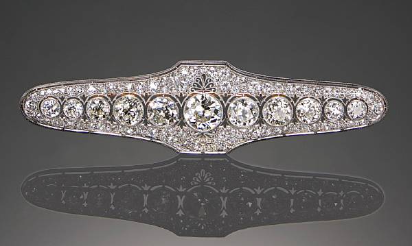 Appraisal: the elongated openwork brooch centering a bezel-set European-cut diamond flanked