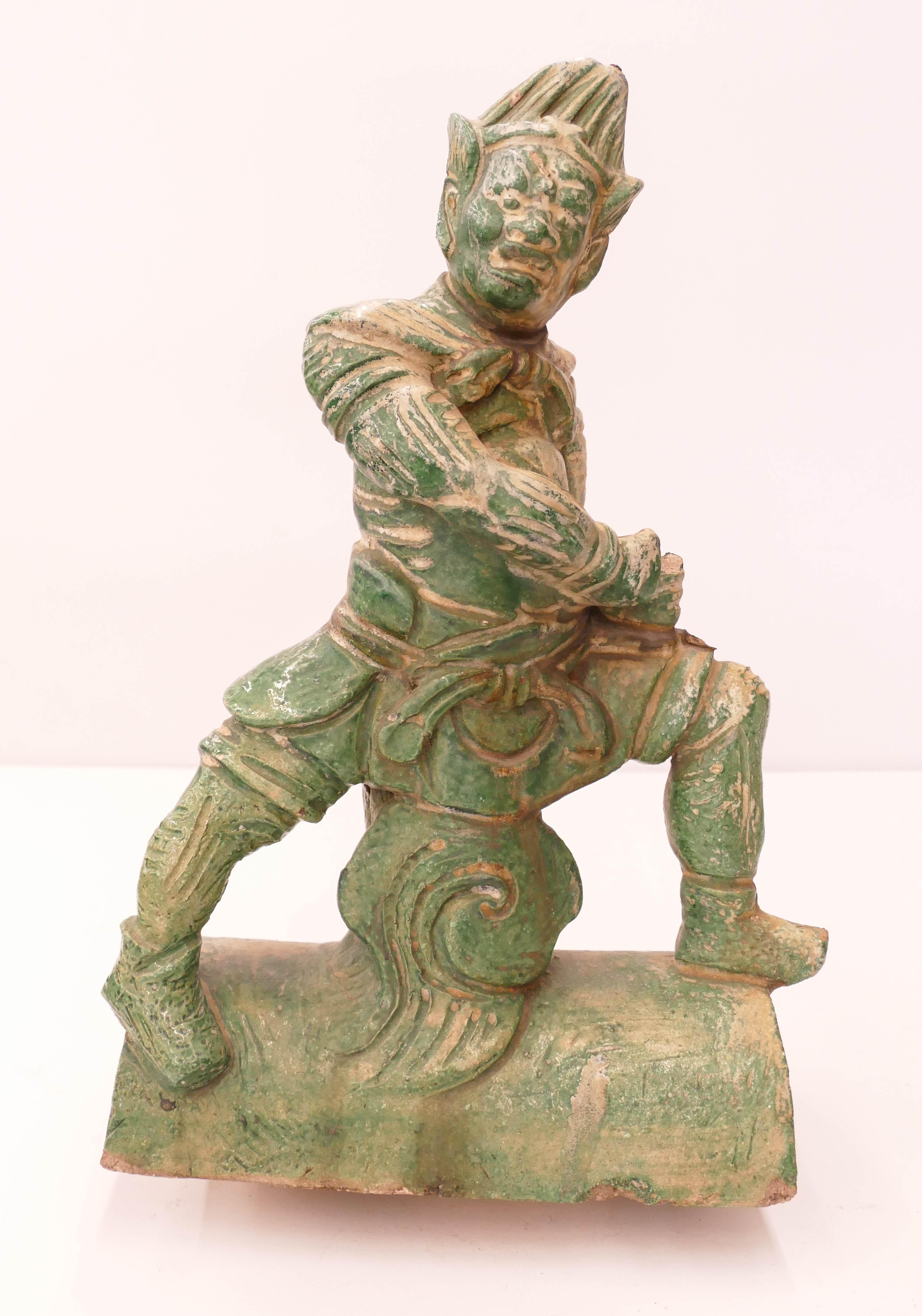 Appraisal: Chinese Ming Green Glazed Warrior Roof Tile ''x '' Lead