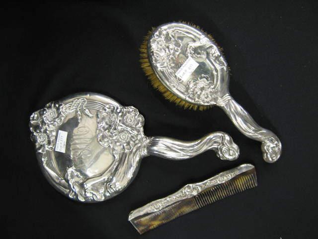 Appraisal: Unger Brothers Sterling Silver Dresser Set Art Nouveau floral handmirrored