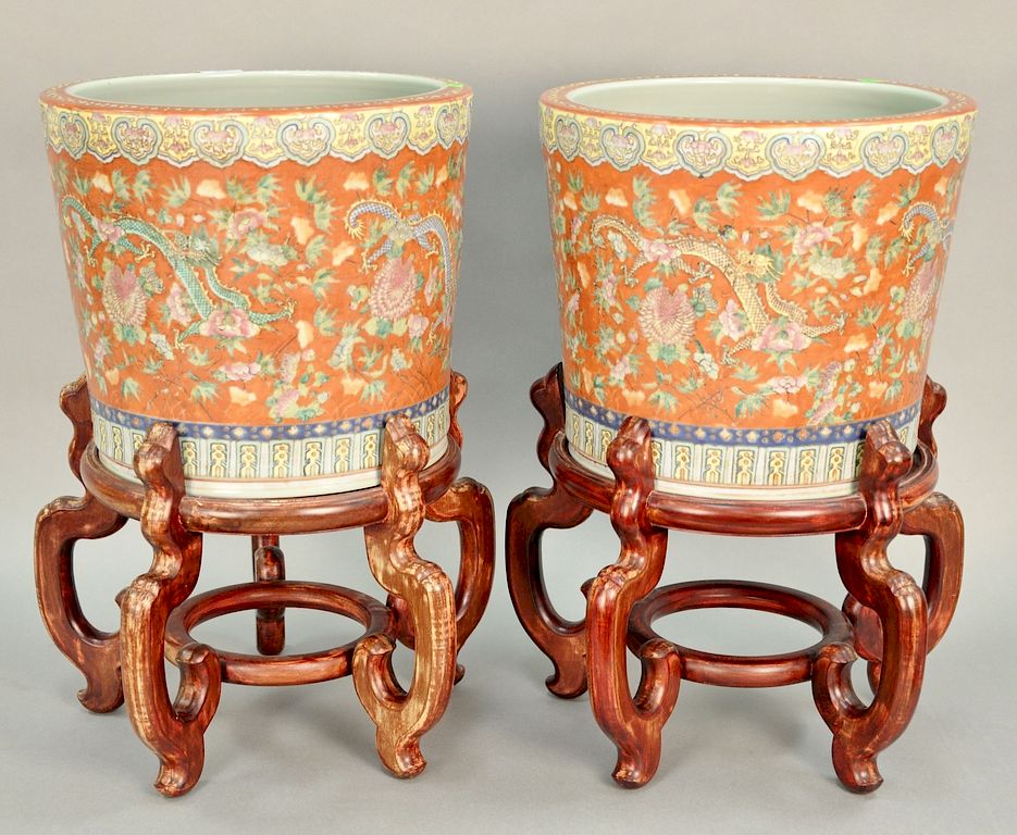 Appraisal: Pair of Chinese porcelain dragon pots with orange ground and