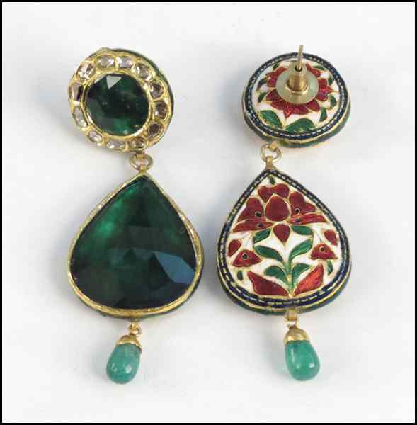 Appraisal: MOGHUL VERMEIL POLKI DIAMOND AND EMERALD EARRINGS Condition Faceted pear