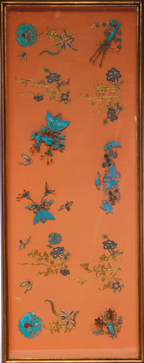 Appraisal: KINGFISHER ORNAMENT COLLECTION Collection of eight elaborate antique Chinese hair