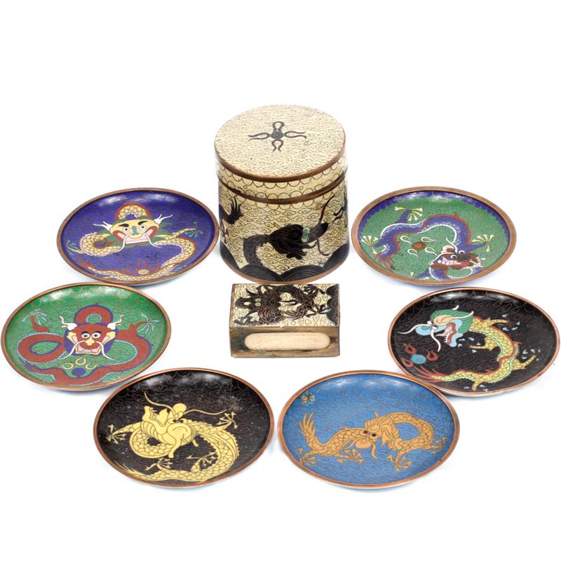 Appraisal: Group of eight Chinese cloisonne pieces including canister match box