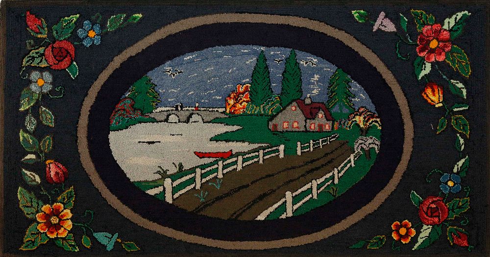 Appraisal: Antique Hooked Rug Depicting a Countryside Homestead with Floral Boarder