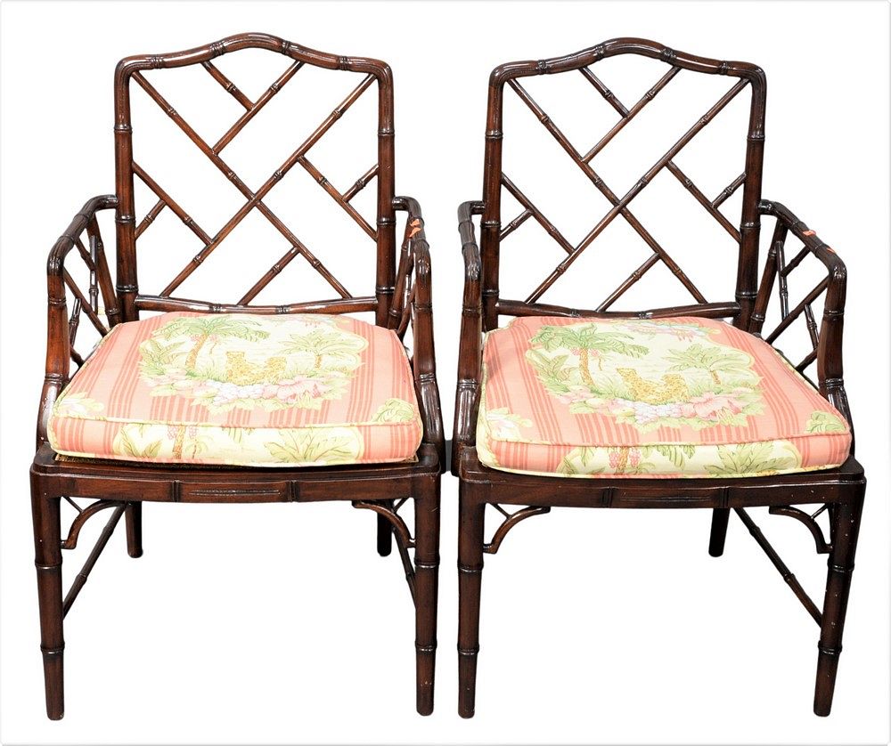 Appraisal: Pair of Faux Bamboo Chinese Chippendale Bamboo Arm Chairs with