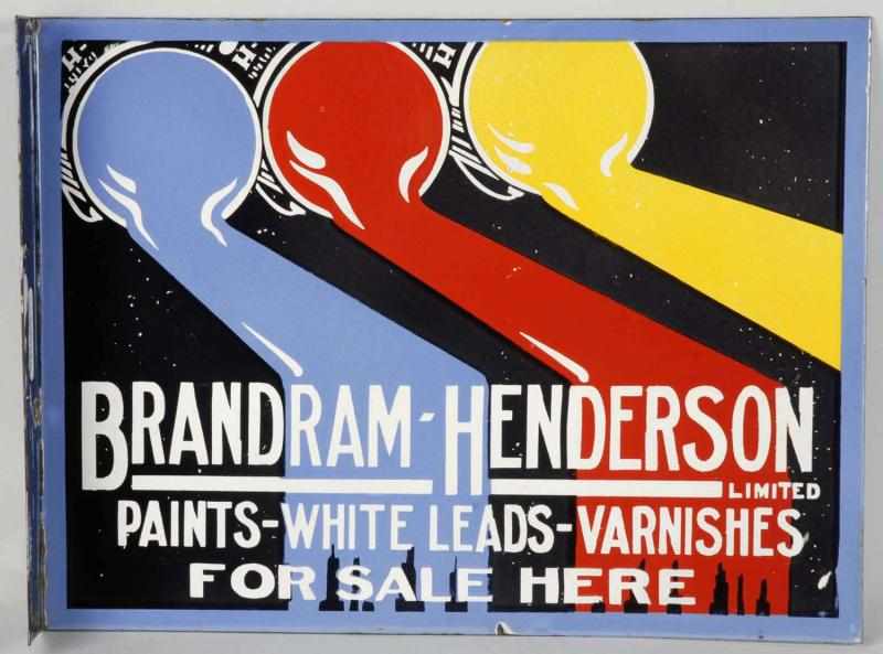 Appraisal: Porcelain Brandram-Henderson Paint Sign Description Beautiful double-sided flange sign with