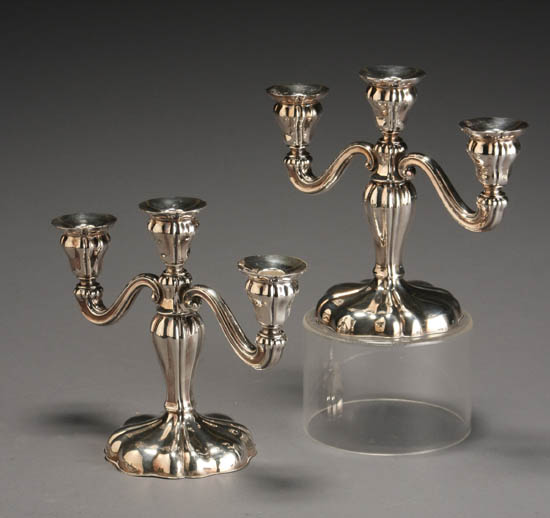 Appraisal: Pair of Continental Weighted Silver Three-Light Candelabra Northern European Early