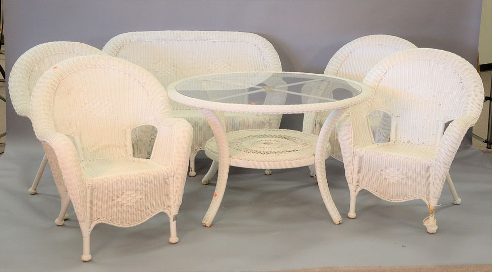 Appraisal: Six piece faux wicker set to include four chairs glass