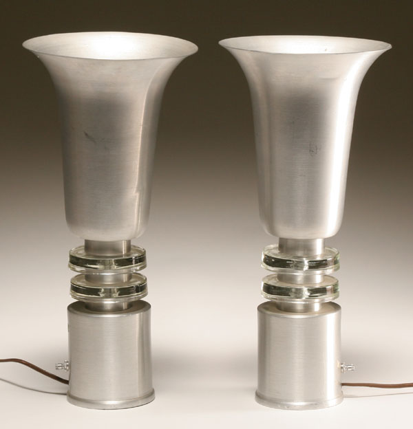 Appraisal: Pair Deco glass and brushed aluminum torchiere table lamps in