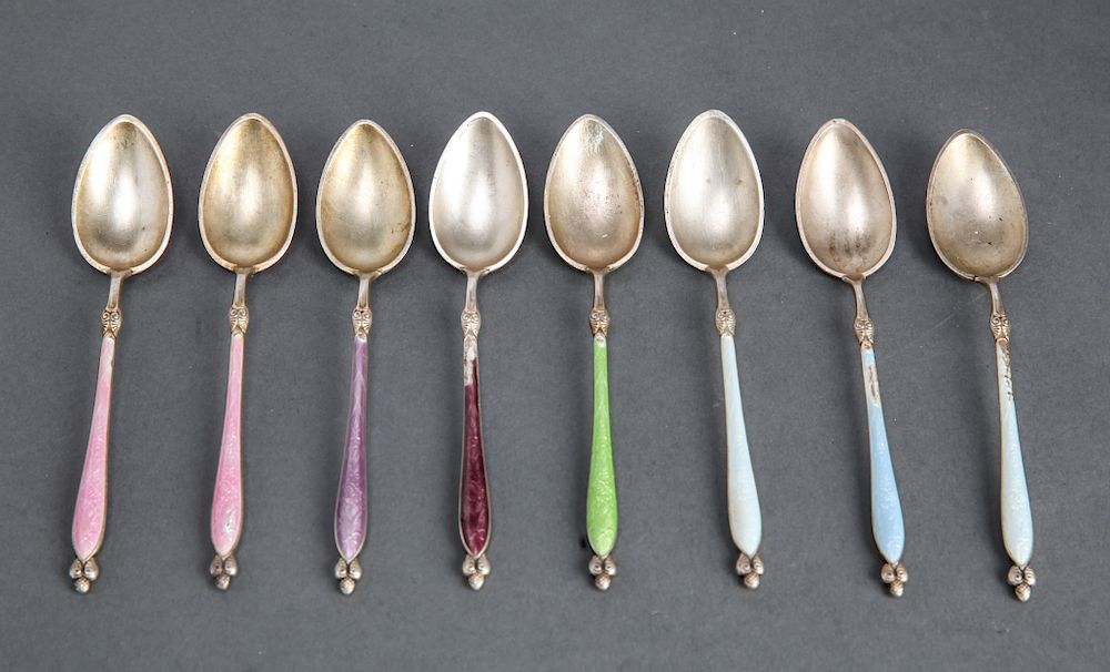 Appraisal: Continental Enamel Backed Demitasse Spoons Eight Continental enamel backed demitasse