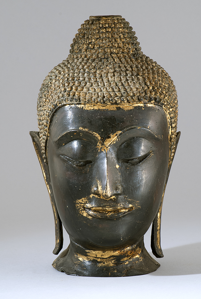 Appraisal: THAI PARTIAL-GILT BRONZE HEAD OF BUDDHA With curled hair knots