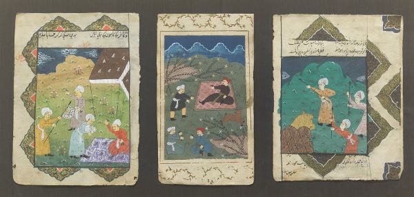 Appraisal: THREE INDIAN MANUSCRIPT MINIATURE PAINTINGS PAGES Three hand painted in