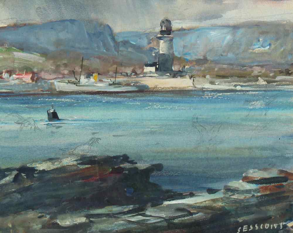 Appraisal: SESSIONS James Milton American - Coastal Inlet With Lighthouse Watercolor