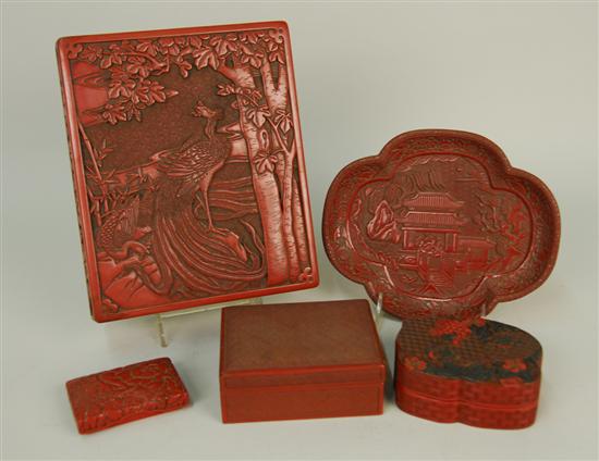 Appraisal: COLLECTION OF FIVE CHINESE CINNABAR WARES th century including a