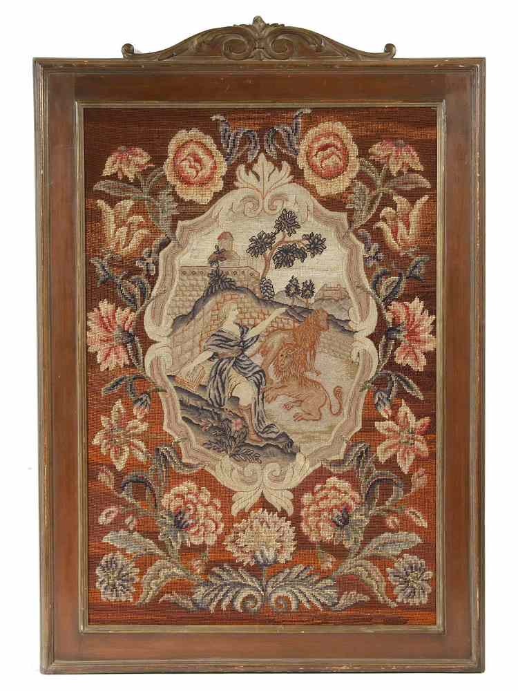 Appraisal: FRAMED NEEDLEPOINT - th c Petit-Point Allegory of woman outside