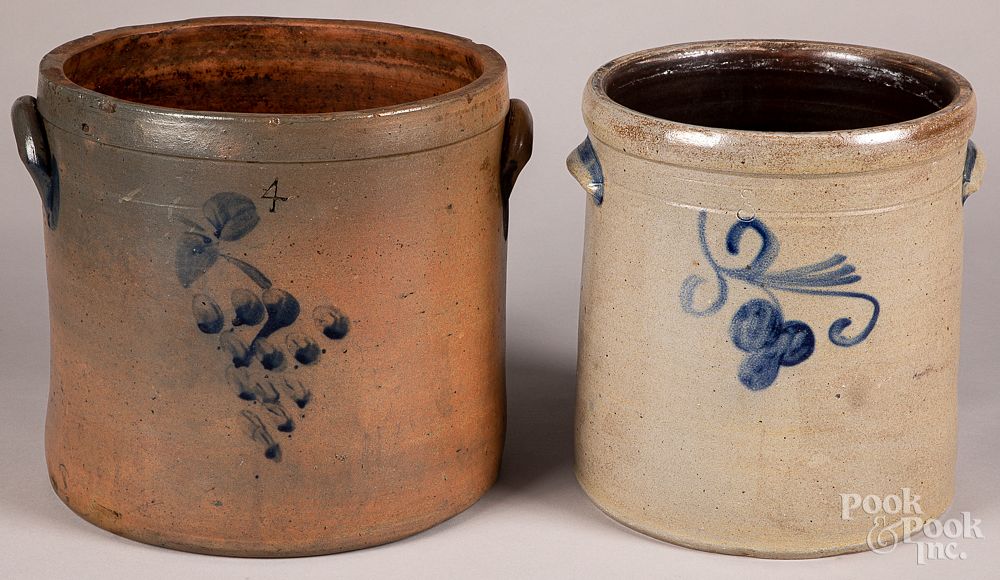 Appraisal: Two cobalt decorated stoneware crocks th c Two cobalt decorated