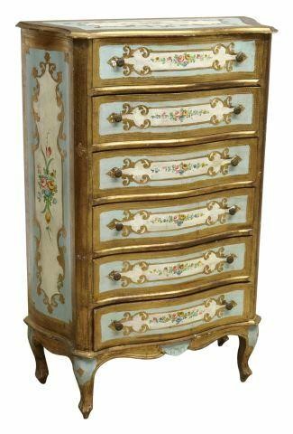 Appraisal: Venetian parcel gilt and paint decorated bachelor s chest of