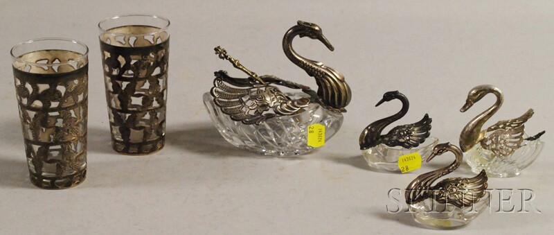 Appraisal: Pair of Mexican Silver Overlay Glass Tumblers and Four Glass