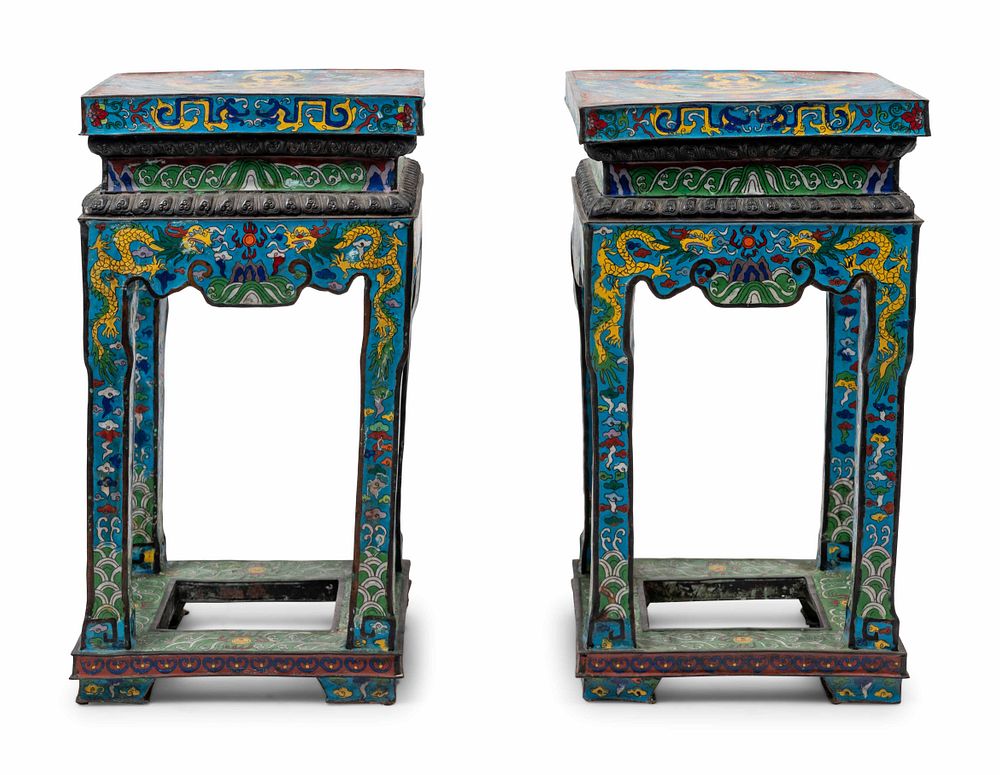 Appraisal: A Pair of Chinese Blue Ground Cloisonne Enamel Stools A