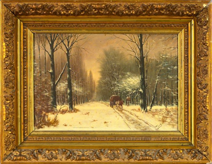 Appraisal: American School Late th Century Snow Scene with Horse-Drawn Carriage