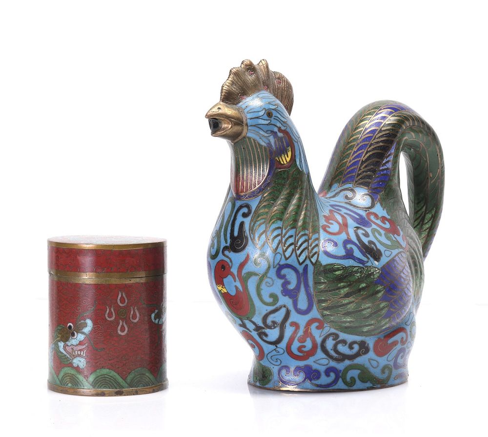 Appraisal: A GROUPING OF TH CENTURY CLOISONNE The rooster vessel small