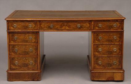 Appraisal: ENGLISH FIGURED WALNUT THREE-PART DESK The gold-tooled brown leather top