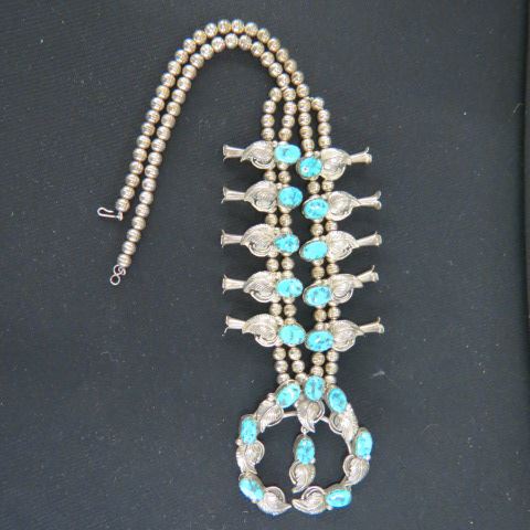 Appraisal: Indian Turquoise Sterling Squash BlossomNecklace Navajo plus horseshoe style pendant